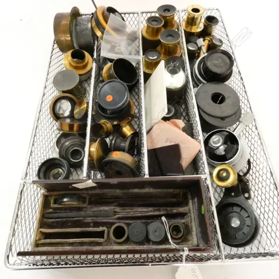 BOX OF ASSORTED MICROSCOPE LENSES, DIAPRAGHMS, ETC